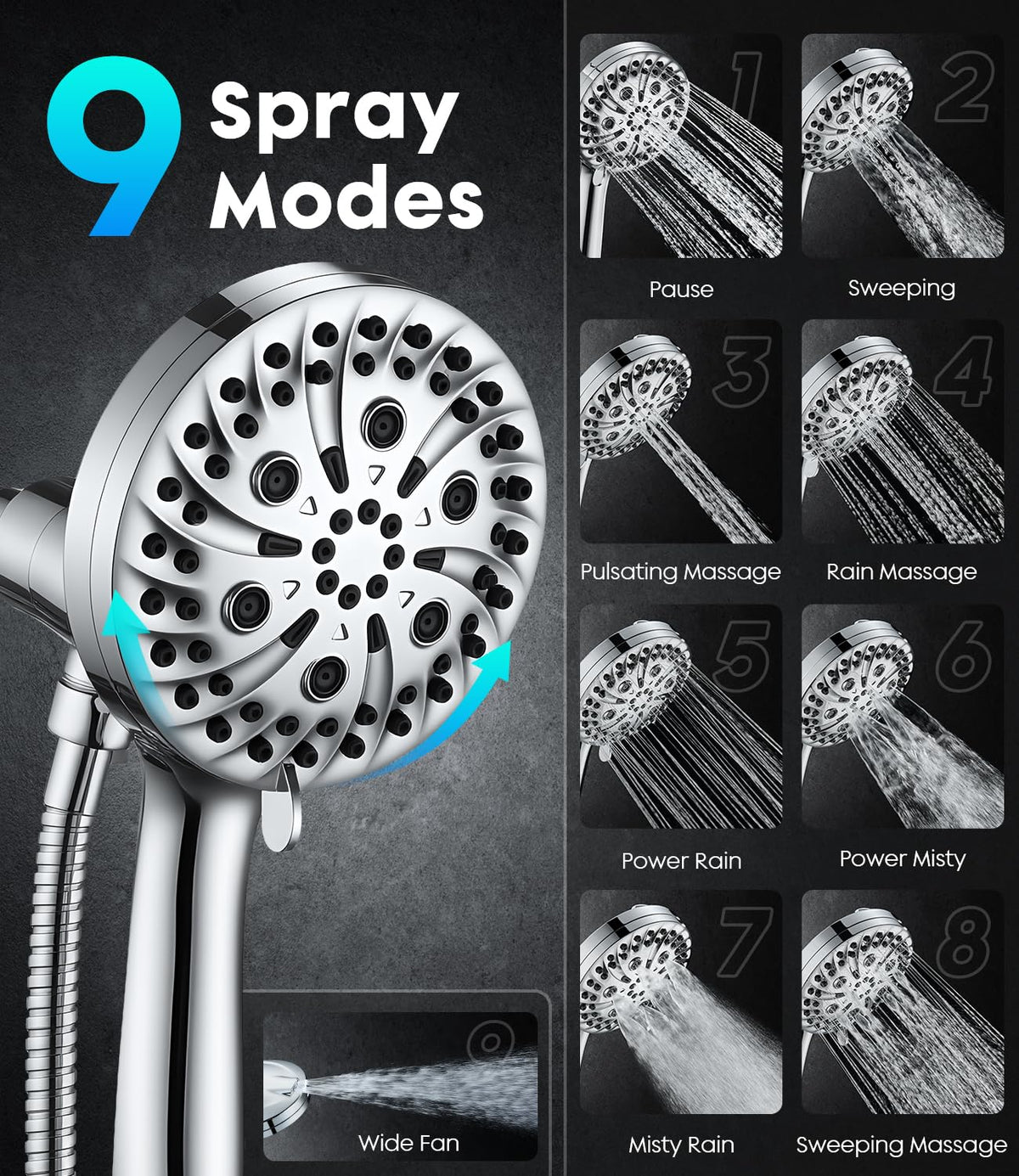 Handheld Shower Head High Pressure – Magnetic Holder,9 Spray Modes with Power Wash for Pets&Tile&Toilet, Filtered for Softer Skin & Shinier Hair, 1.8GPM, Stainless Steel Hose