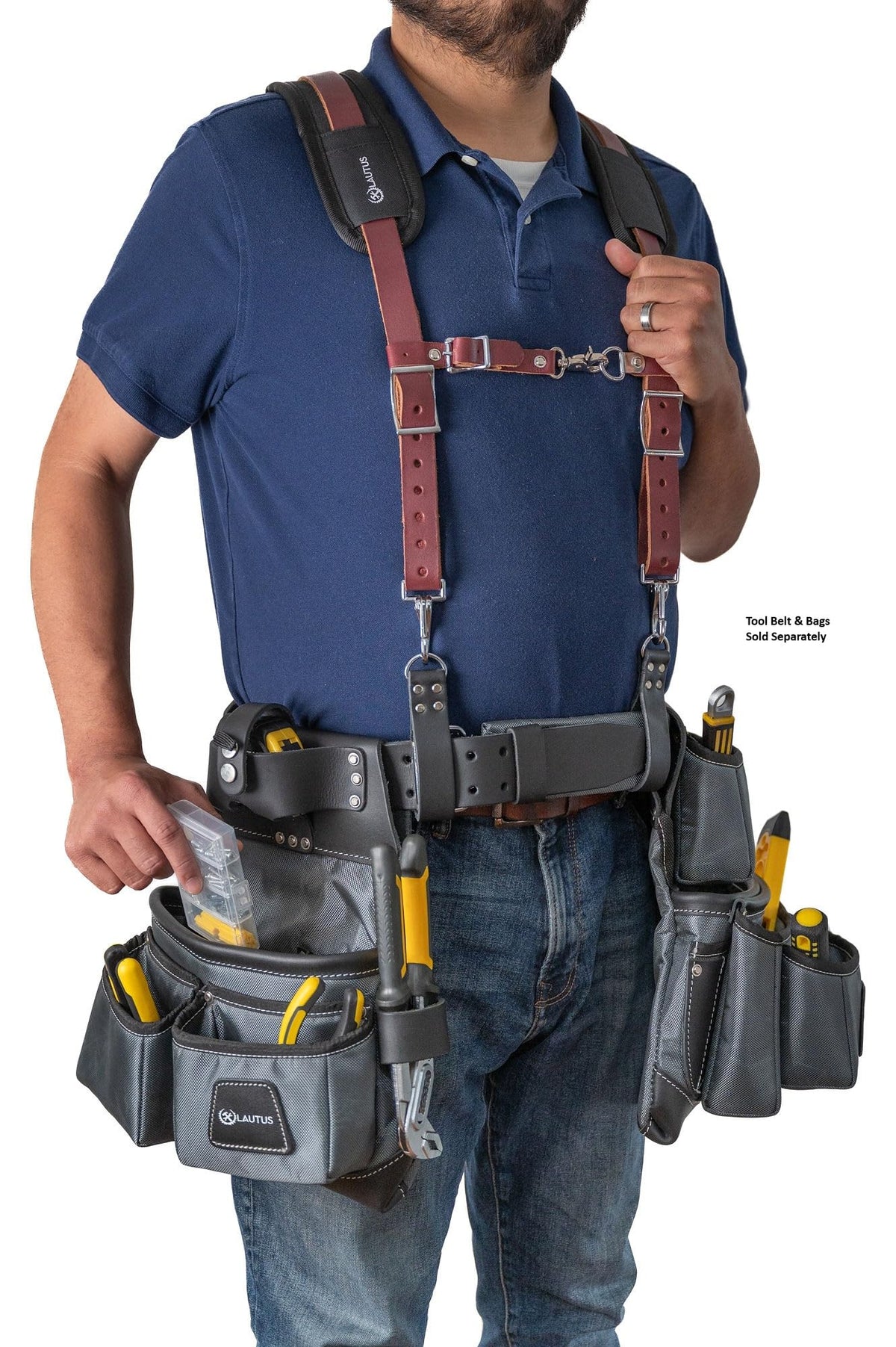 LAUTUS Leather Padded Tool Belt Suspenders w/Chest Strap| Pencil Sleeve| Comfortable & Heavy Duty, Fully Adjustable, Construction Grade |