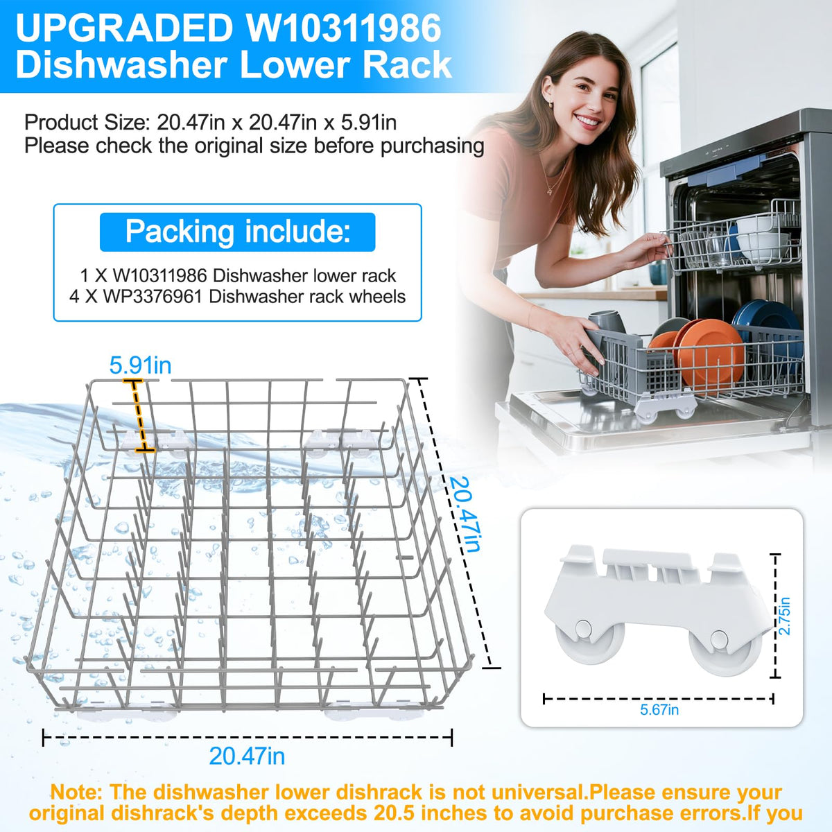 UPGRADED W10311986 W10380384 Dishwasher Lower Rack Assembly for Whirlpool Kenmore Dishwasher Rack Replacement Parts,W10311986 W11158802 Whirlpool Dishwasher Bottom Rack with Wheel Dishrack