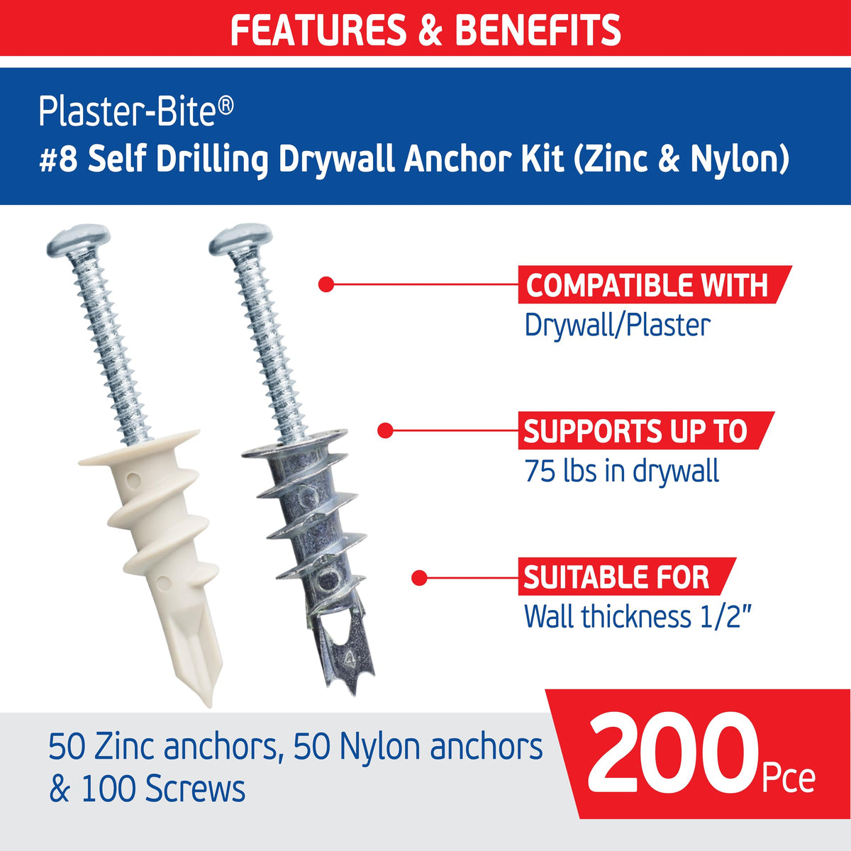 Self-Drilling Drywall Anchor Kit Includes 50 Nylon & 50 Zinc Anchors w/ 100 Drywall Screws – Heavy Duty Hollow Wall Anchors for Drywall, 3/8", 1/2", 5/8" – 75 lbs Holding Strength - Carrying Case