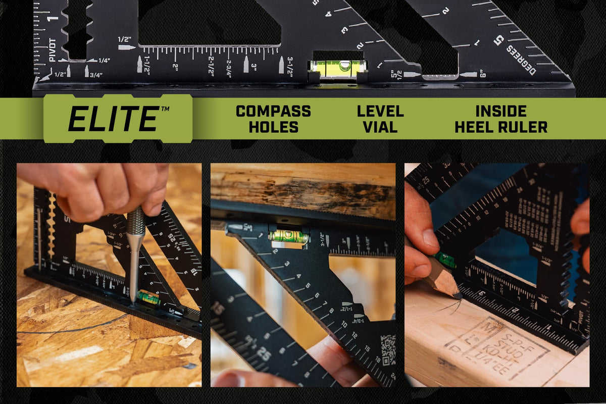 Spec Ops Elite Series Fury 7.5” Rafter Square with Level Vial, Laser Etched & Stamped Markings, Rapid-Layout Features, Wide Heel, Integrated Compass Holes, Digital Rafter Calculator & Guide