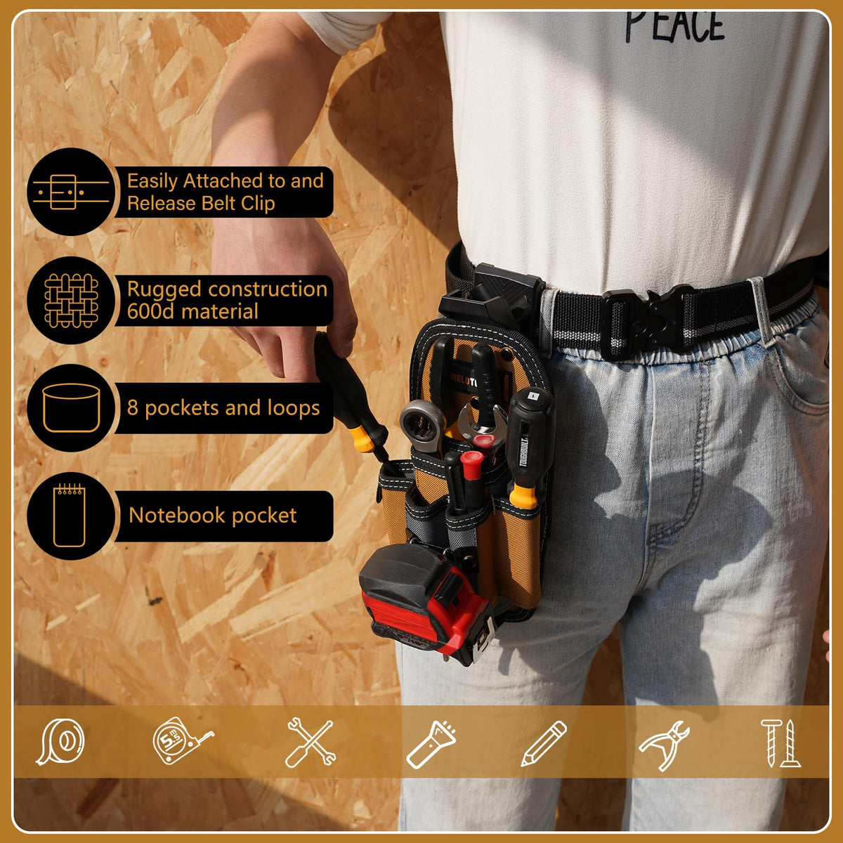 MELOTOUGH 7-Pocket Technician Pouch-Small Tool Belt Pouch with Belt Clip,Clip on Larger - Pockets & Loop,-Tool Holder Accessory(Khaki)