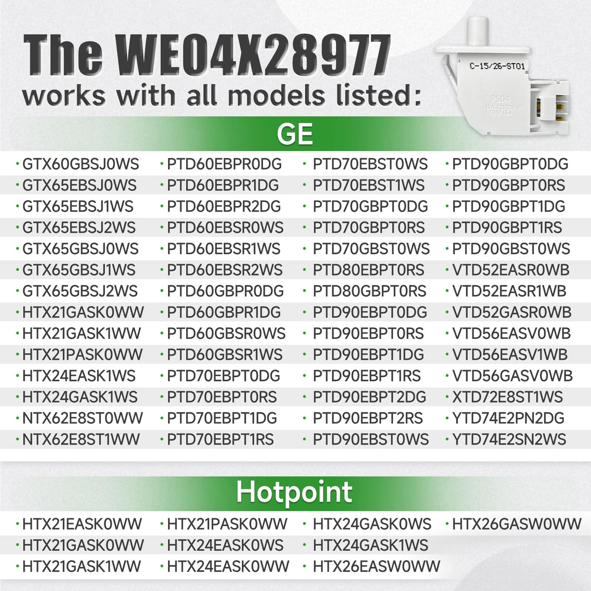 [2026] Upgraded WE04X28977 Dryer Door Switch Compatible with GE Hotpoint Dryer, Replacement Part WE04X28977-50PK, WE10X23879, 4931170, AP6889035, PS12722948, EAP12722948