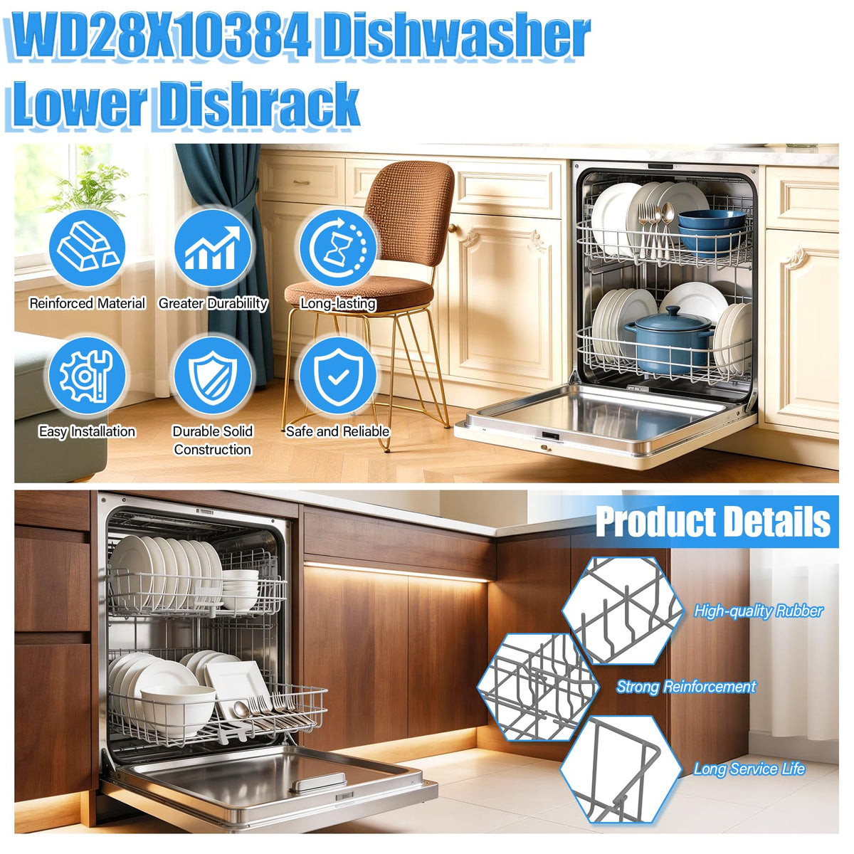 UPGRADED WD28X10384 Lower Rack Compatible with GE Dishwasher Rack Parts,WD28X10384 WD28X10165 WD28X10309 WD28X10166 GLD4560V00SS GLD4500N10BB GE Dishwasher Bottom Rack Replacement Parts with Wheels
