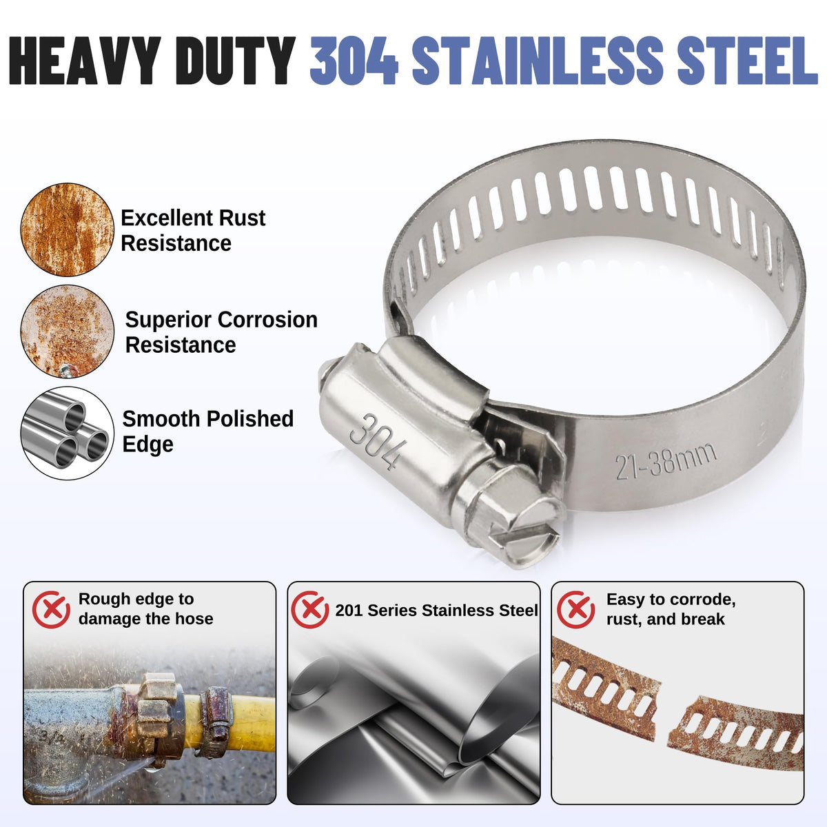 Ailbiuko 200 PCS 304 Stainless Steel Hose Clamp Kit,1/4"-2"(6-51mm)