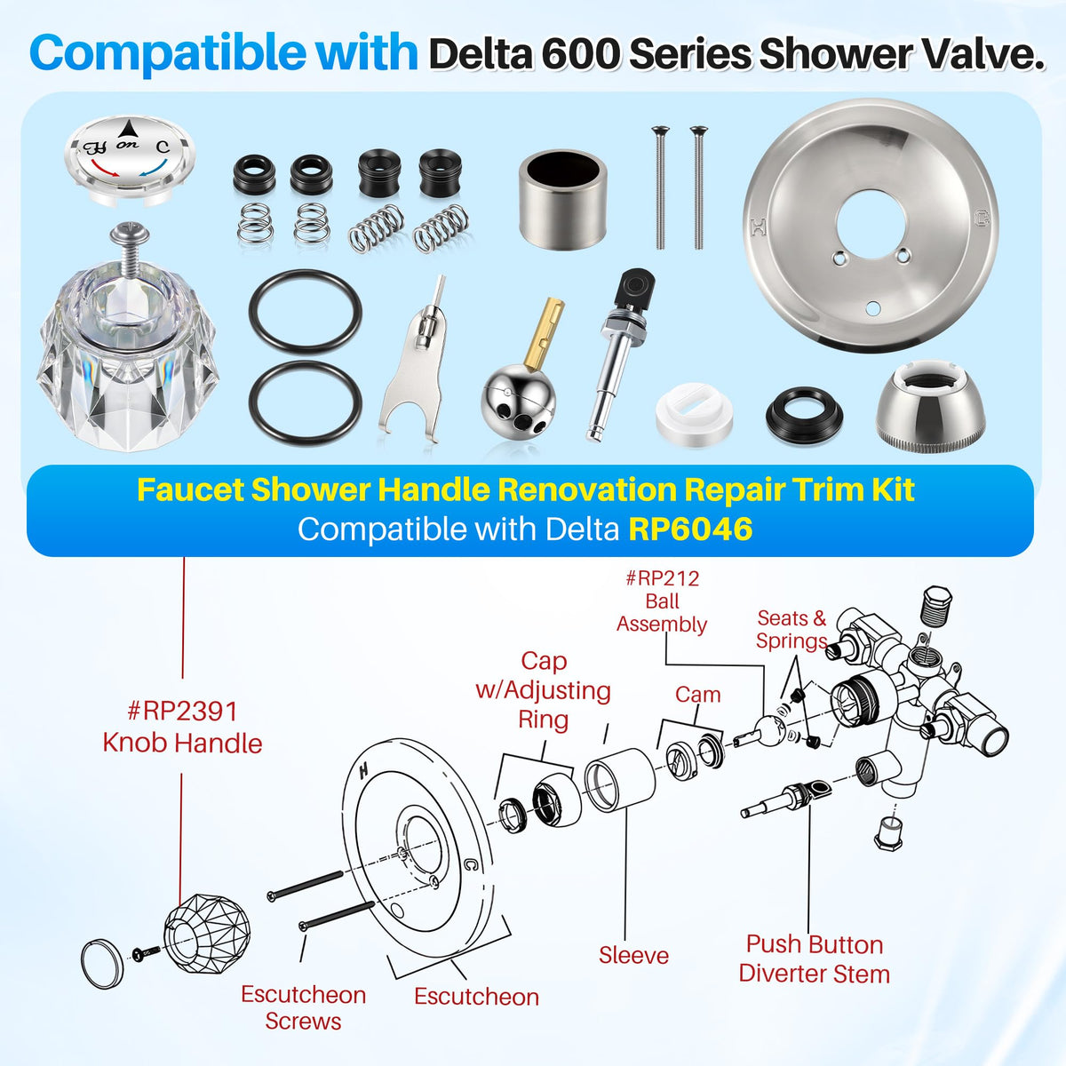 Valve Trim Repair Kit Compatible with Delta RP6046, Knob