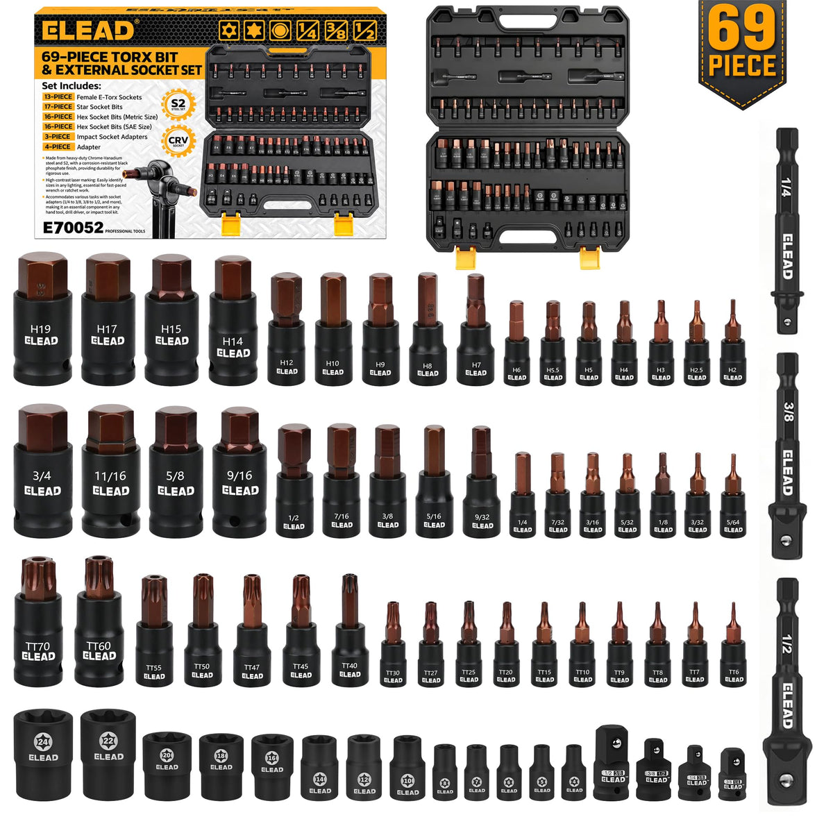 69-Piece Torx & Hex Bit Socket Set: Impact Socket Adapters, Premium CR-V & S2 Alloy Steel, Torx T8-T70 & E-Torx E4-E24, High-Torque Laser-Marked for Automotive Repair