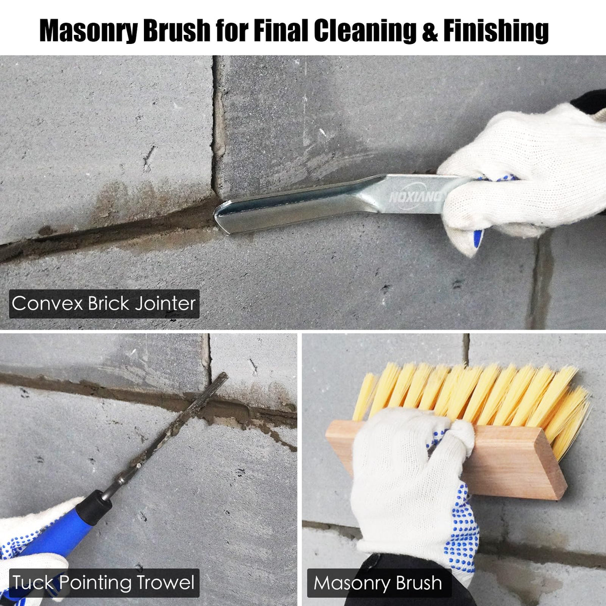 Konvixon 6PCS Masonry Hand Tools Set, 11"x5-1/2" Philadelphia Brick Trowel, 5.9"x3.4" Gauging trowel, 5-1/2"x2-7/8" Pointing Trowel, 10"x 5/8" Convex Brick Jointer, Tuck Pointing Trowel, Masonry Brush