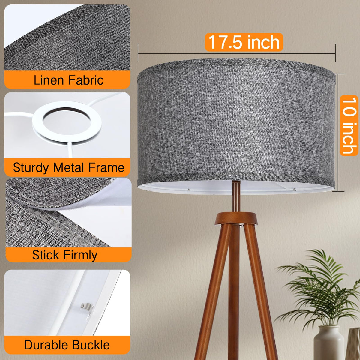 OUTON Beige Large Drum Lamp Shades for Floor Lamps, 17.5" Top x 17.5" Bottom x 10" High, Easy to Assemble, Replacement Linen Lampshades for Table Lamps & Bedside Lamps (1.65" Spider)