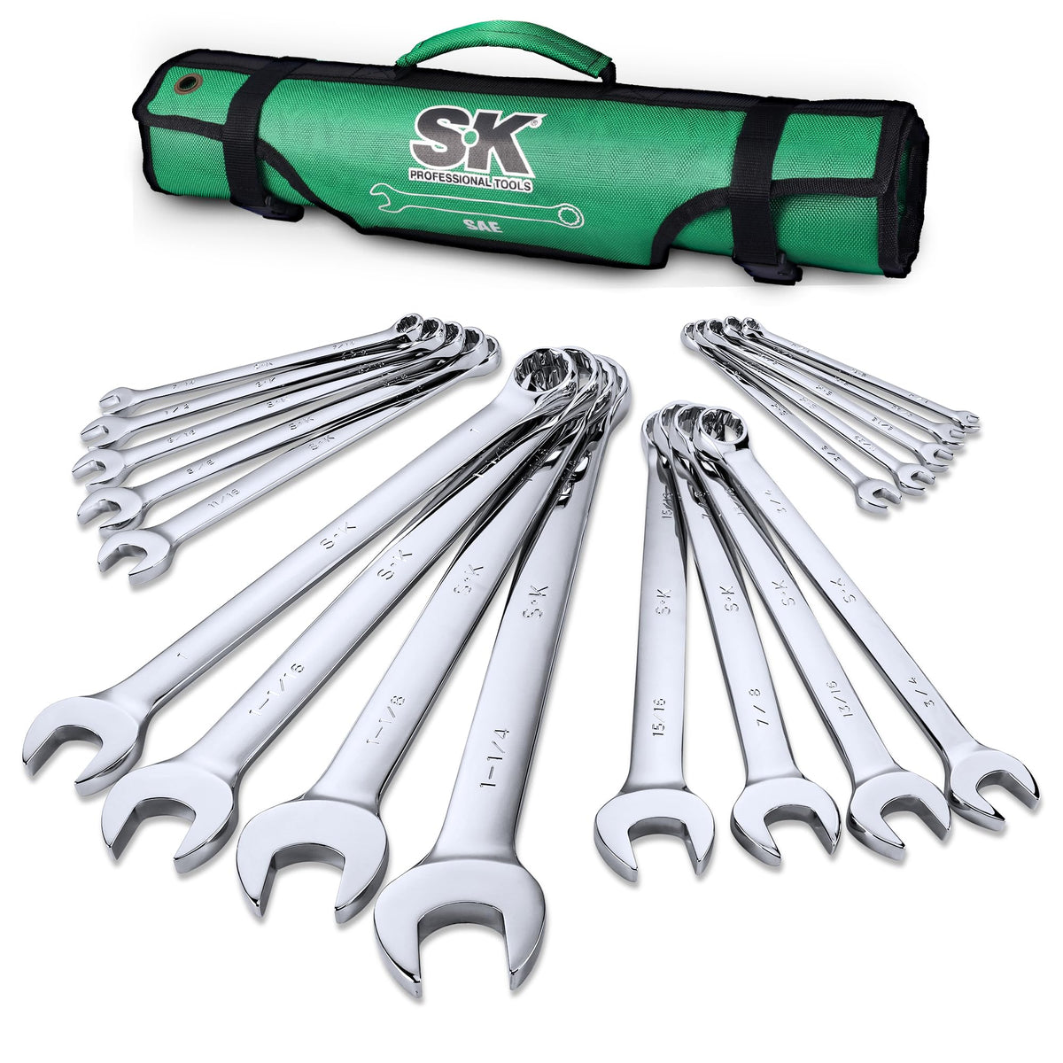 SK Combination Wrench Set, SAE 1/4" to 1-1/4", 18-Piece, Premium CR-V Steel