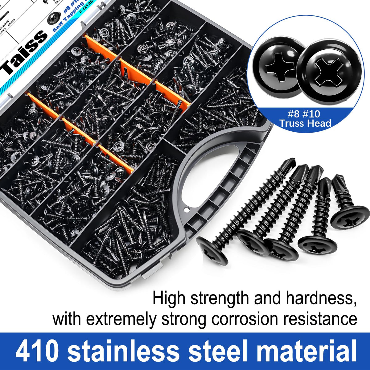 Taiss 1220PCS Self Tapping Screws for Metal,#8#10,410 Stainless Steel Self Drilling Screws (Length 1/2'' to 1-1/2''),Black Truss Head Sheet Metal Screw Assortment Kit with Rubber Washer