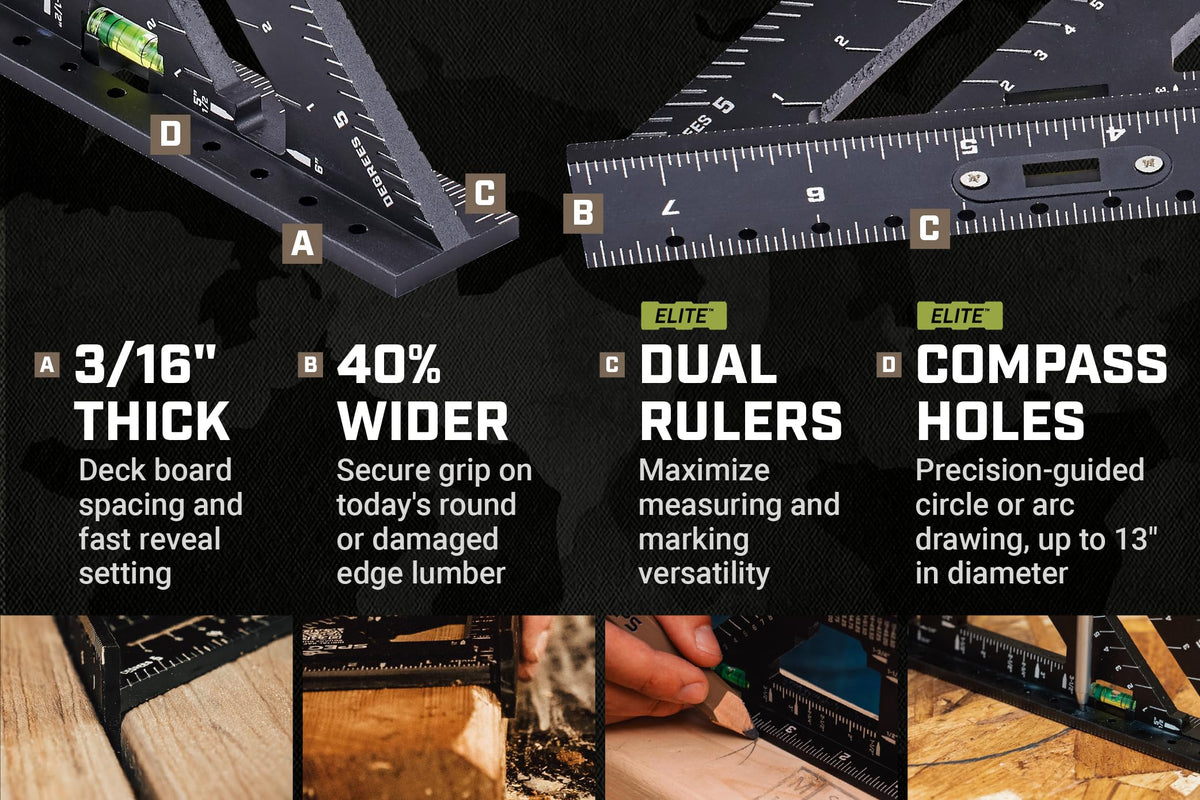 Spec Ops Elite Series Fury 7.5” Rafter Square with Level Vial, Laser Etched & Stamped Markings, Rapid-Layout Features, Wide Heel, Integrated Compass Holes, Digital Rafter Calculator & Guide