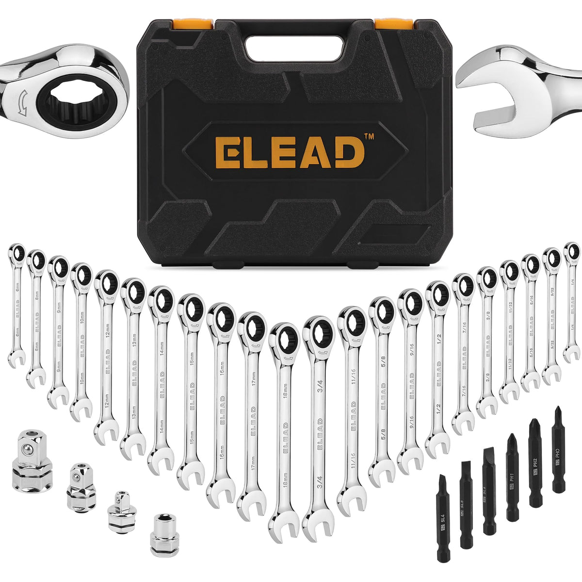 ELEAD 33-Piece Combination Ratchet Wrench Set, SAE & Metric Sizes (1/4" to 3/4" & 6-18mm), 72-Tooth Gear Design, CR-V Steel, Organizer Carry Case, Ideal for Mechanics & DIY