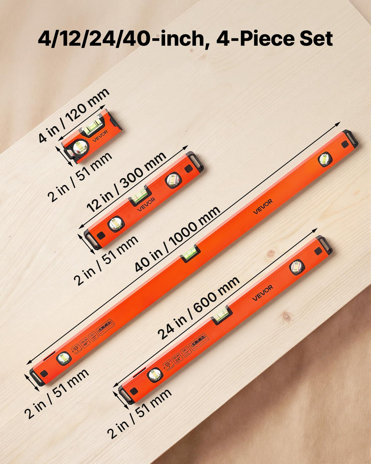 VEVOR Torpedo Level, 4-Piece Included 4/12/24/40 in, Magnetic Leveler Tool Set Aluminum Alloy, with Clear 3 Green Vials, Hanging Hole, Box Beam Multi-angle Measurement for Construction Home Renovation