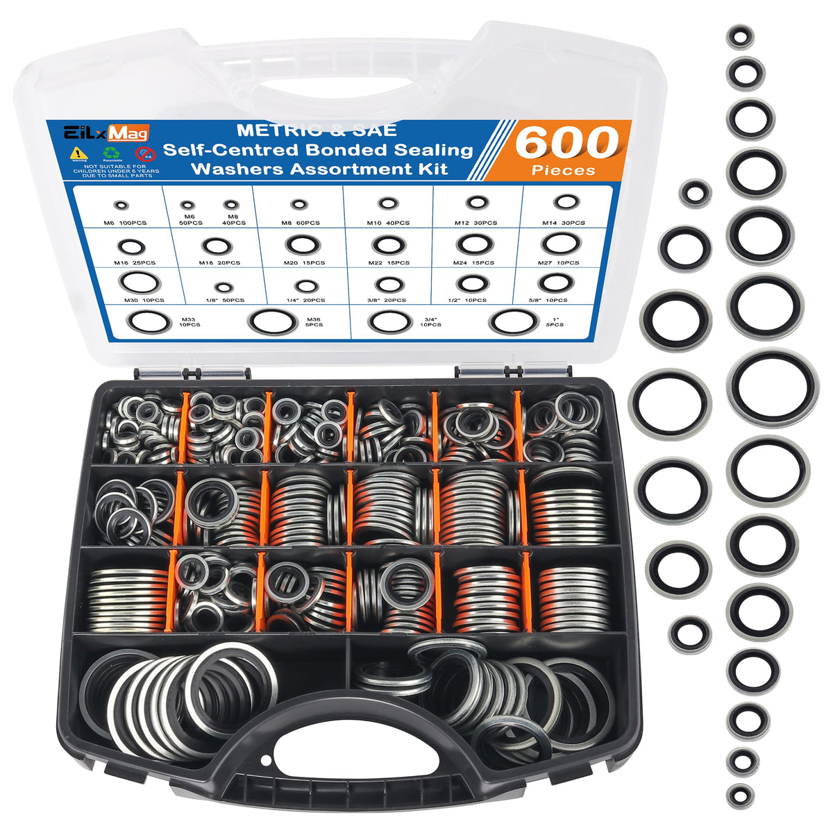 600PCS Metric & SAE Bonded Sealing Washers Kit, 21Sizes Rubber Washers Kit