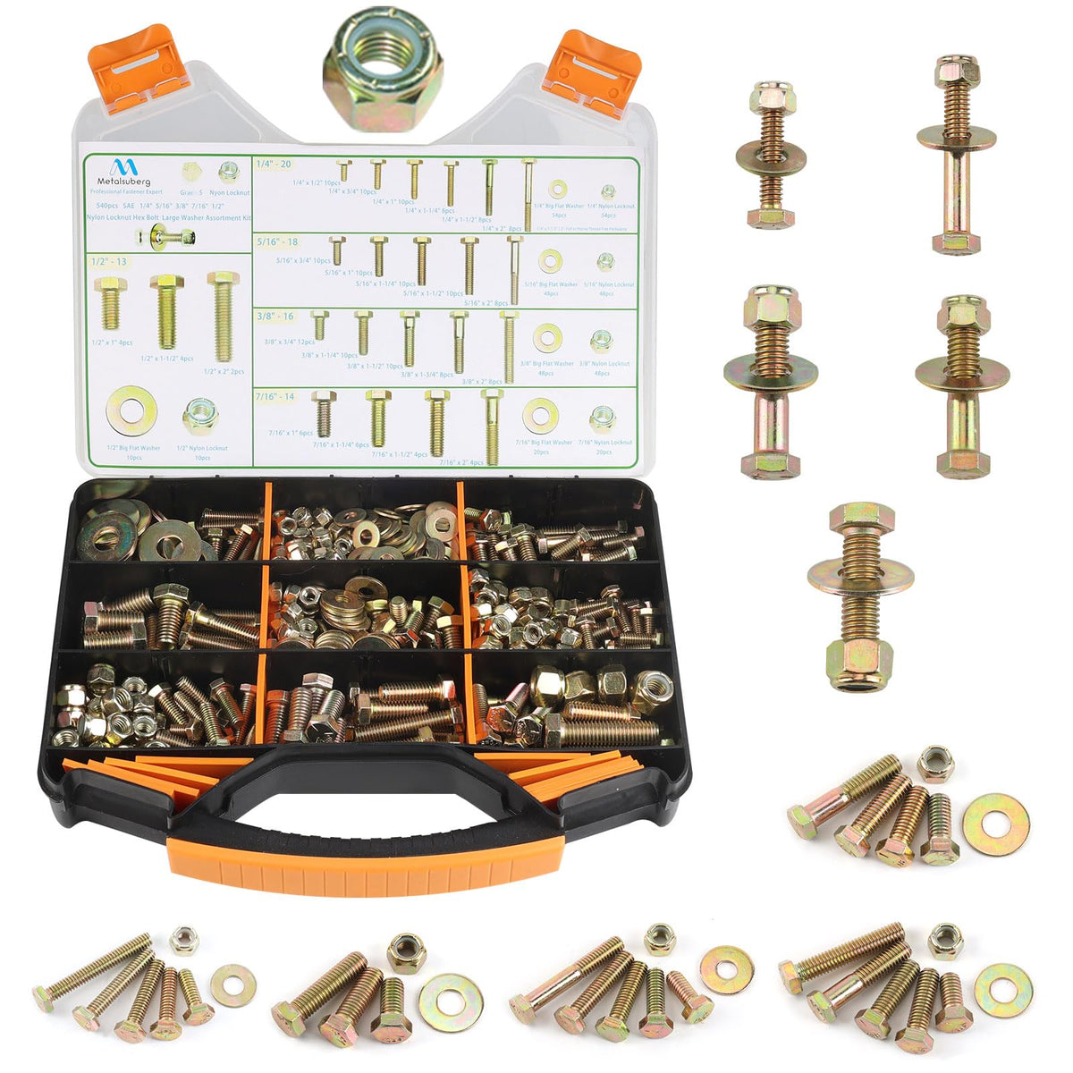 540pcs SAE Nylon Locknut Hex Bolt Flat Washer Assortment Kit