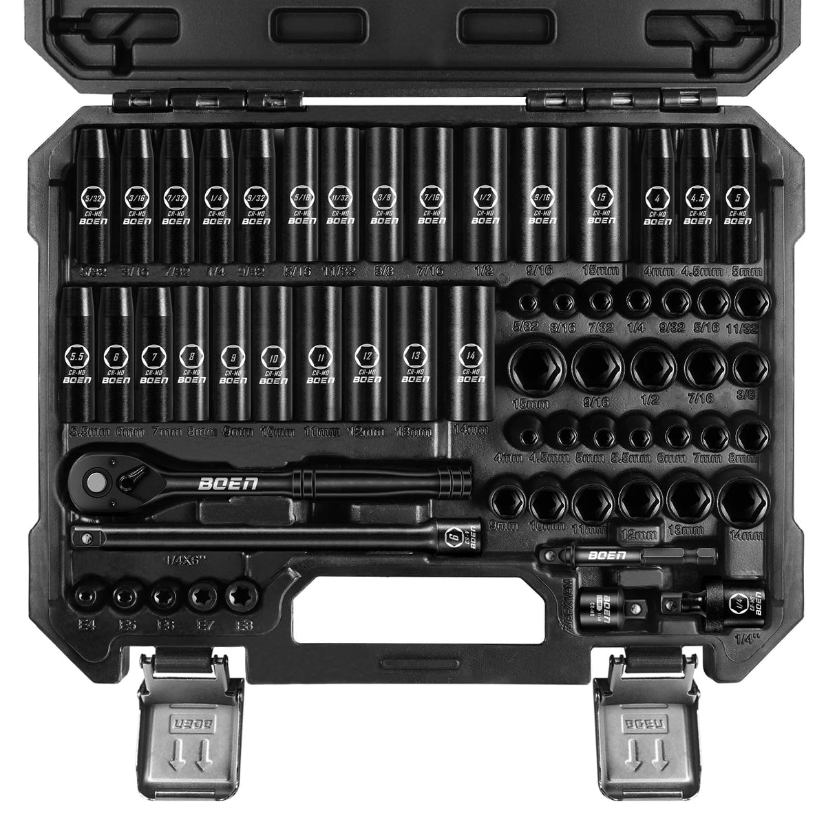 BOEN 1/4" Drive Impact Socket Set, 60-Piece Standard SAE (5/32"-9/16") & Metric (4-15mm), Cr-Mo Deep & Shallow Kit, Includes Ratchet Handle,E-torx sockets, Reducer, Extension Bar, Universal Joint