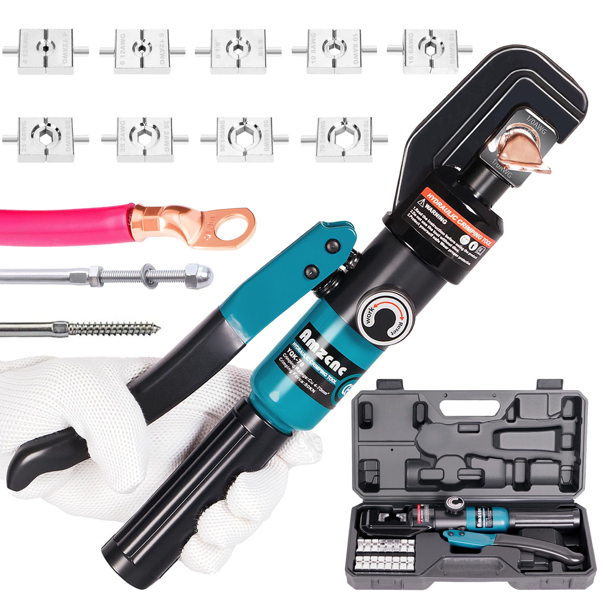 10 Ton Hydraulic Battery Cable Crimper – Single-Hand Return, 9 Hex Dies for 12-2/0 AWG, 180° Rotating Head, Pro Terminal Tool for Car/RV/Marine Power