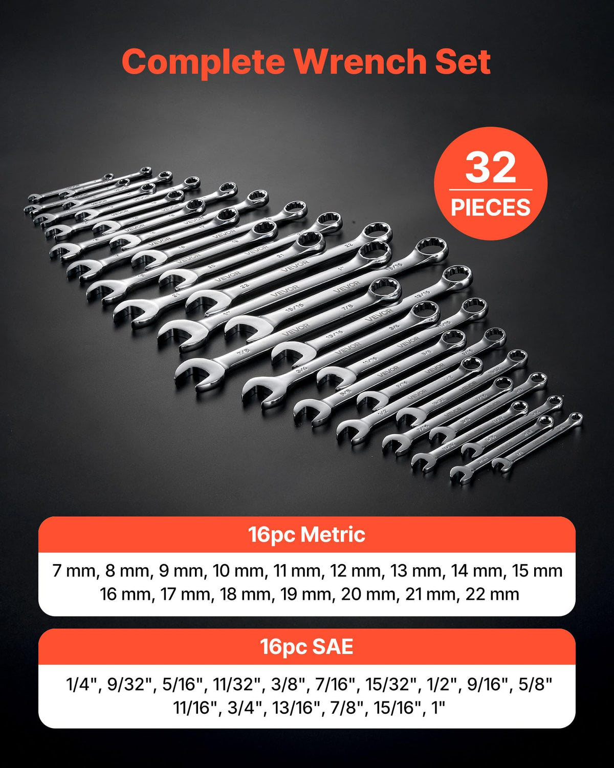 VEVOR 32-Piece Combination Wrench Set, Metric 7-22mm, SAE 1/4"-1"