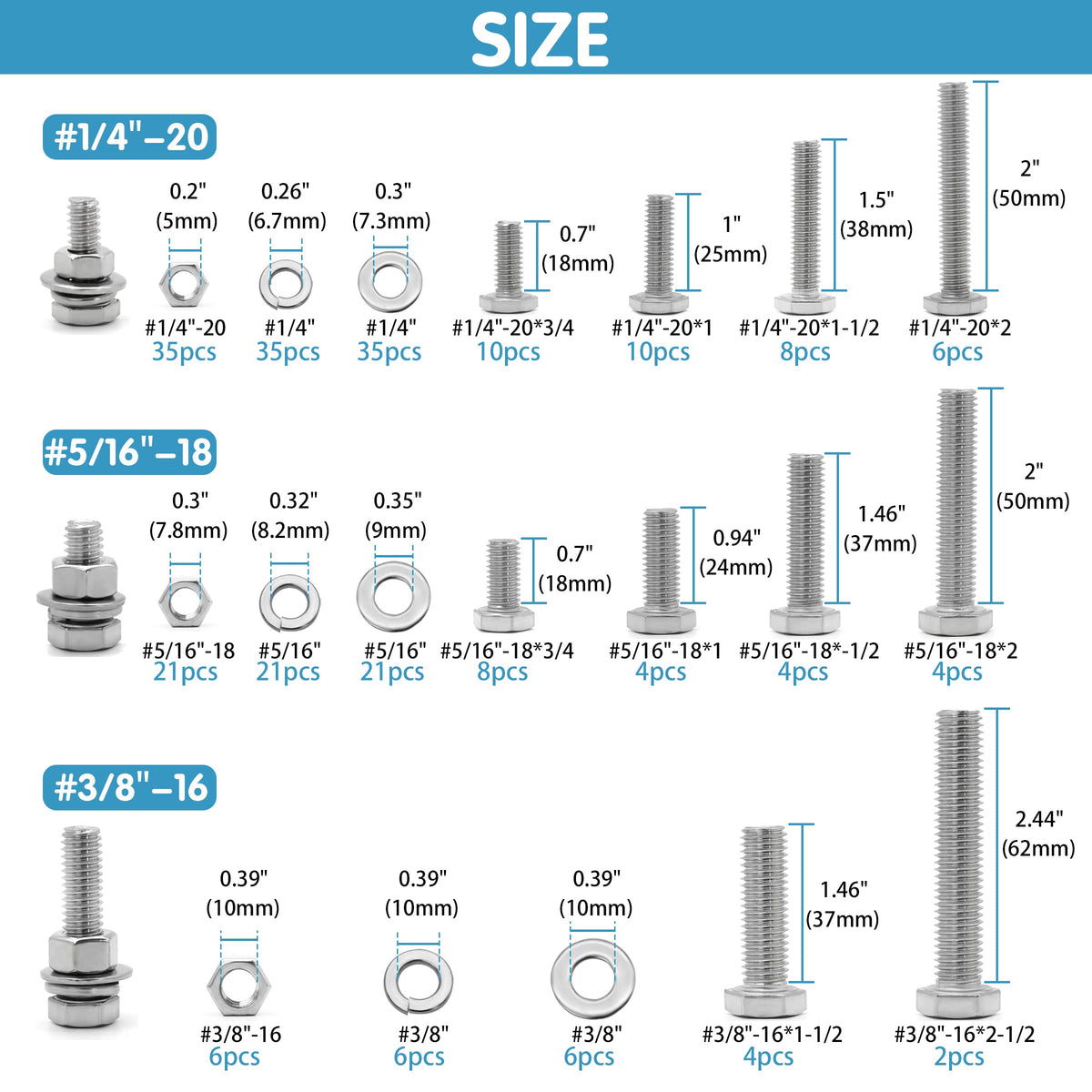 SATANTECH 246PCS Hex Head Bolts and Nuts Assortment Kit, Stainless Steel 1/4-20, 5/16-18, 3/8-16, Assorted Nuts and Bolts, Flat & Spring Lock Washers with Case