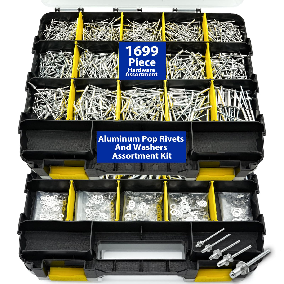 1699Pcs Silver Aluminum-steel Pop Rivets and 304 Stainless Steel Washers Assortment Kit,25 Sizes(3/32", 1/8",5/32", 3/16", 1/4"), with Double-Sided Storage Box, for Metals, Furniture, Automotive