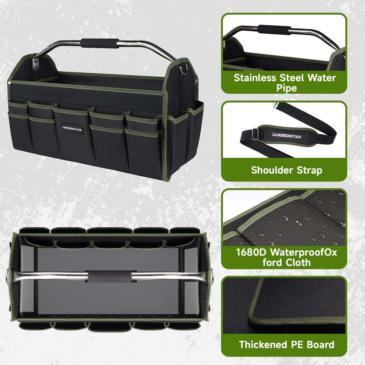 20In Electrician Tool Bag, Foldable Bags For Men Heavy Duty, Open Top Tool Tote, 30 Pockets Can Hold Many fittings, Organizer Stainless Steel Handle and Removable Shoulder Strap