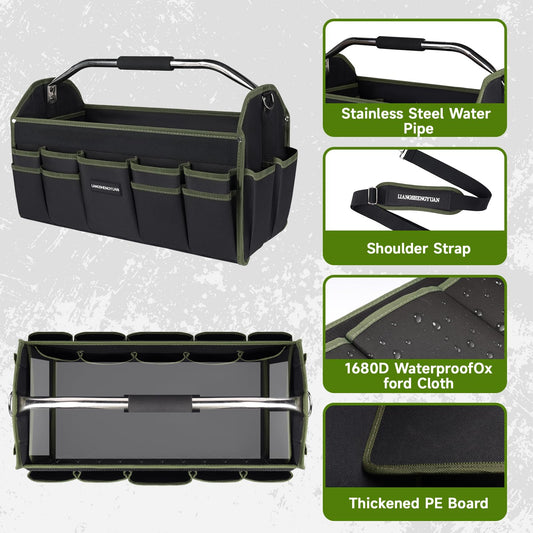 20In Electrician Tool Bag, Foldable Bags For Men Heavy Duty, Open Top Tool Tote, 30 Pockets Can Hold Many fittings, Organizer Stainless Steel Handle and Removable Shoulder Strap
