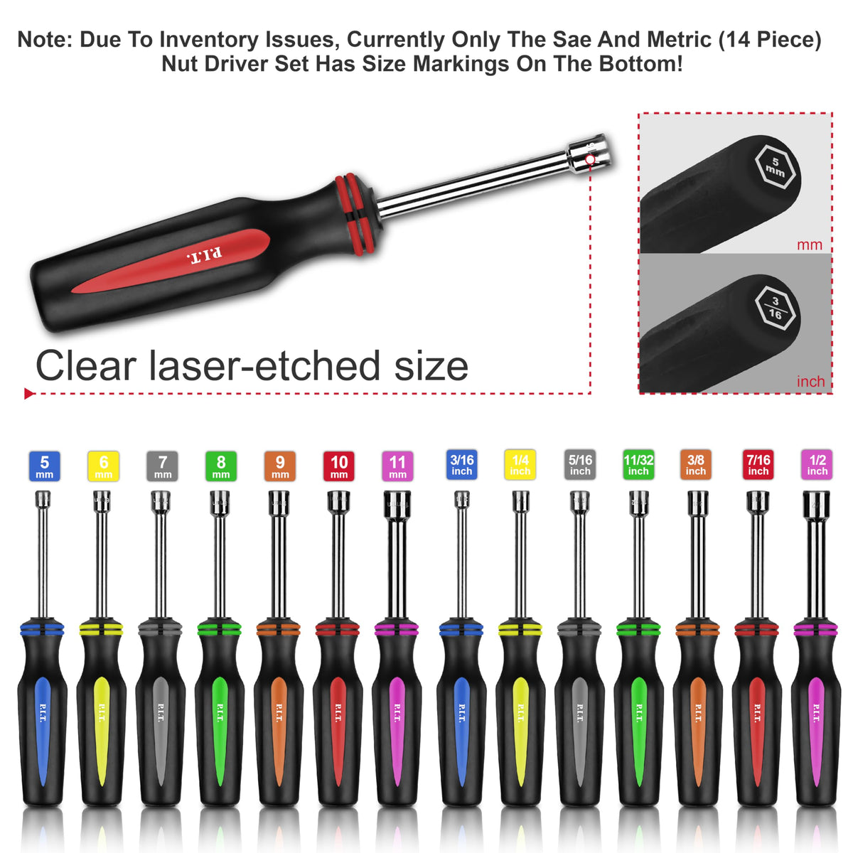 P.I.T. 14 PCS SAE and Metric Nut Driver Set,3/16 to 1/2 Inch & 5 to 11 mm
