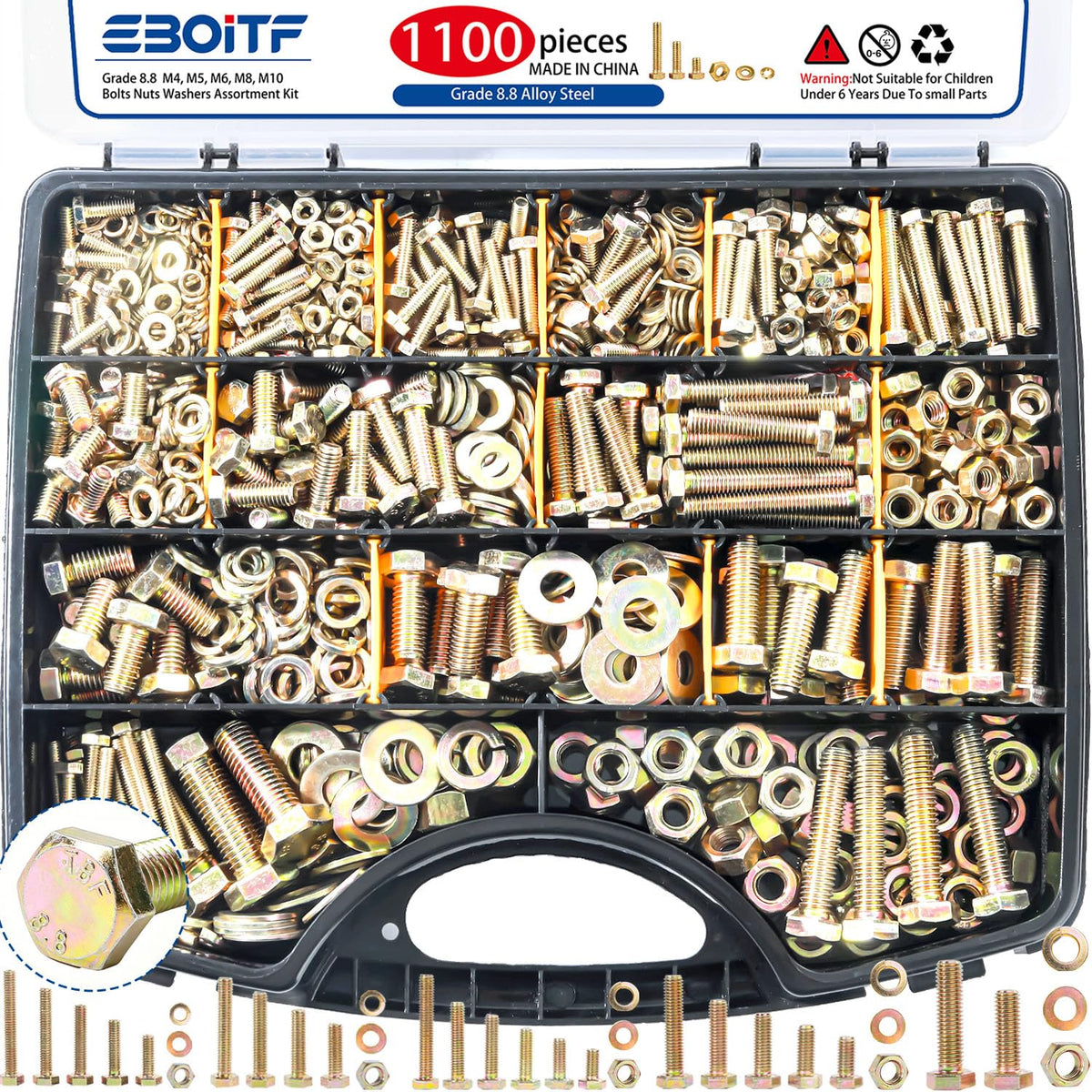 1100cs Grade 8.8 Metric Bolts and Nuts Assortment Kit, M4, M5, M6, M8, M10 Heavy Duty Hex Bolts and Nuts Kit, Assorted Nuts, Bolts, Flat & Lock Washers, Yellow Zinc Plated, Length from 12-40 mm