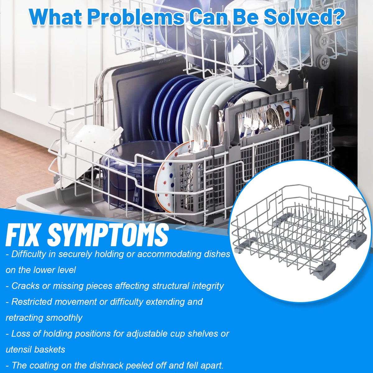 WD28X26099 Dishwasher Lower Rack Replacement for GE Dishwasher Bottom Rack WD28X26099 Bottom Dishrack for GE Dishwasher Parts Rack GDF510PSM0SS GDT535PSM0SS With Silverware Basket And Roller Kit