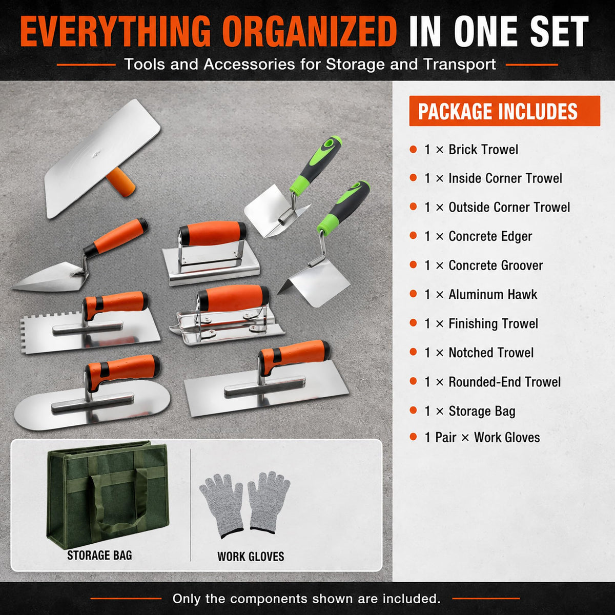 9-Piece Concrete Tools and Masonry Trowel Set with Edger and Hawk