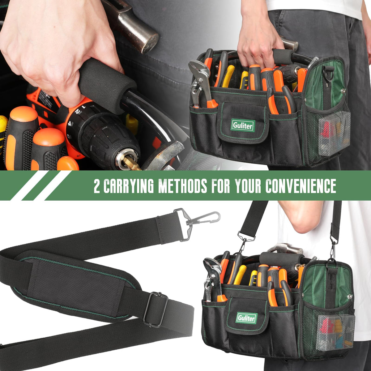 Guliter 11 Inch Small Tool Bag,Open Top Tool Tote,Electrician Tool Bag