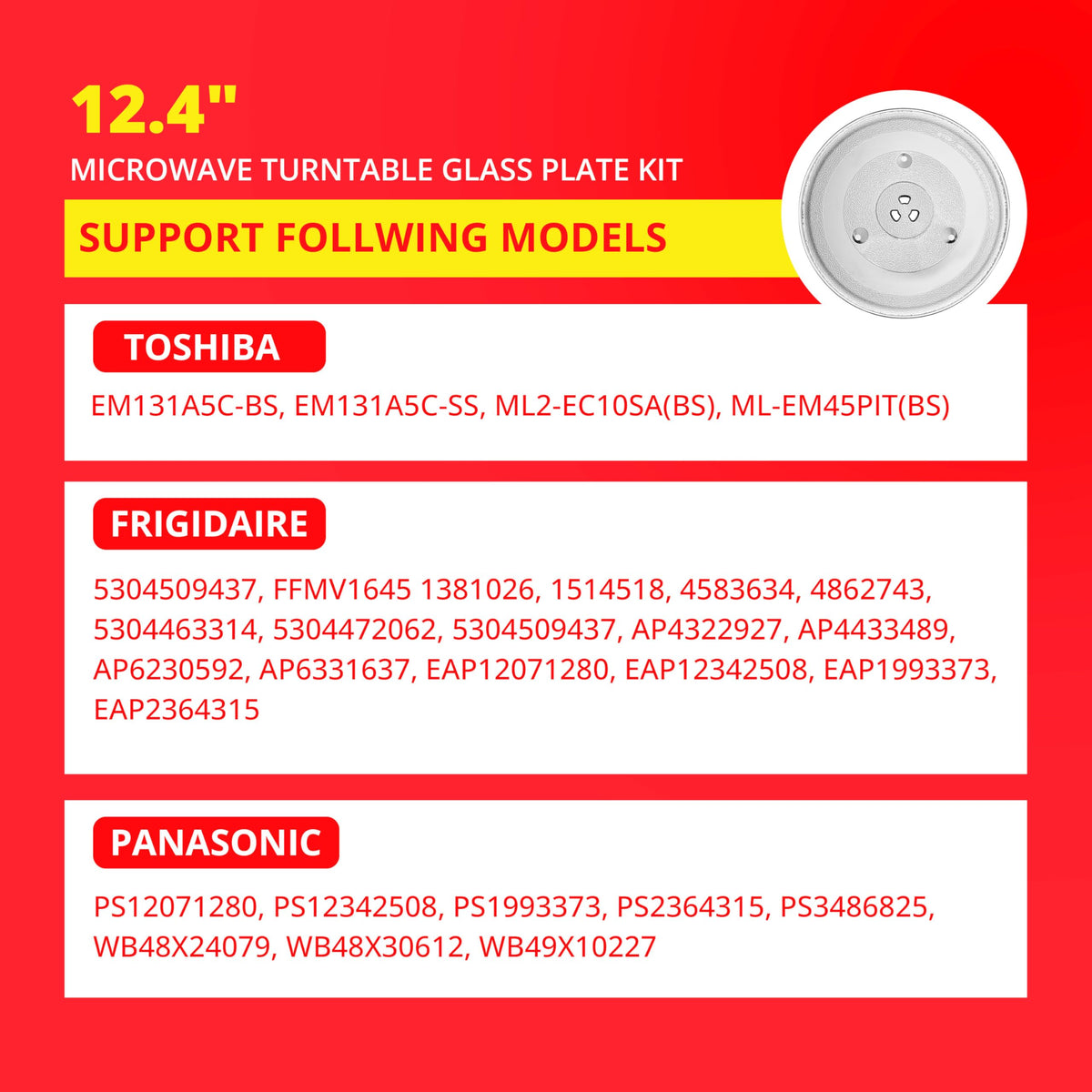 12.4" Toshiba Microwave Turntable Glass Plate + Roller Ring + Coupler Feet Kit – Replacement for EM131A5C-BS / EM131A5C-SS / ML2-EC10SA(BS) / ML-EM45PIT(BS), Panasonic, Emerson & Frigidaire Microwaves