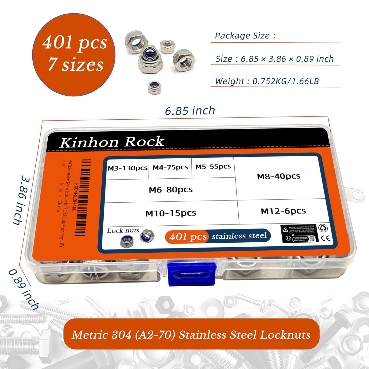 Kinhon Rock 401pcs Metric Nylon Insert Lock Nuts Assortment Set DIN 985 304 Stainless Steel Nylon Locknuts Hex Locknuts Kit with Box M3 to M12 Reusable Anti-Loose Corrosion-Resistant for RC Car DIY