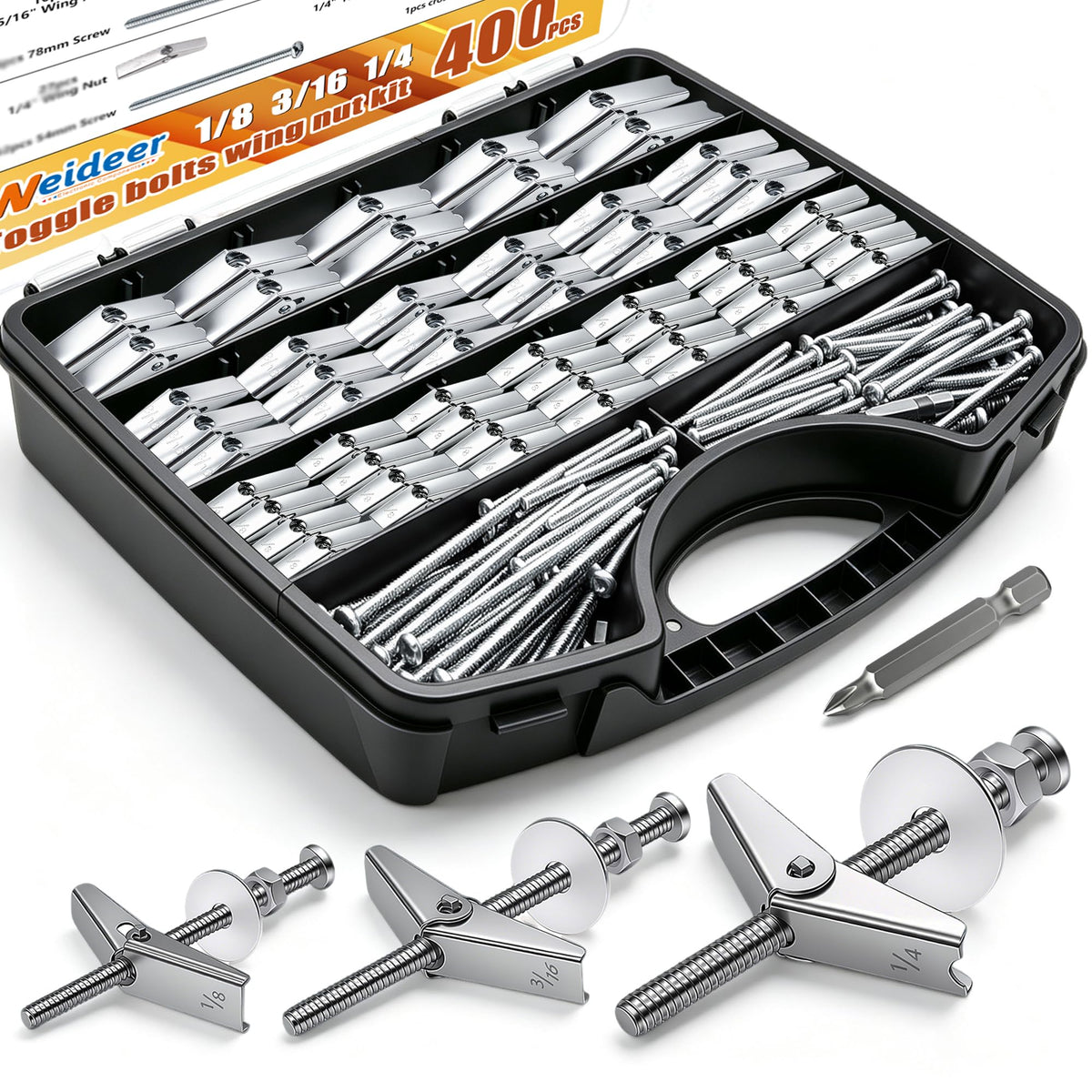 weideer 346PCS 11Sizes Drywall Anchors and Screws Assortment Kit,Toggle Bolts and Wing Nut Kit,Plastic Dry Wall Anchors with Wood Screws Handheld Box (1/4" 3/16" 1/8" #6#7#8 M8 M12 M13)