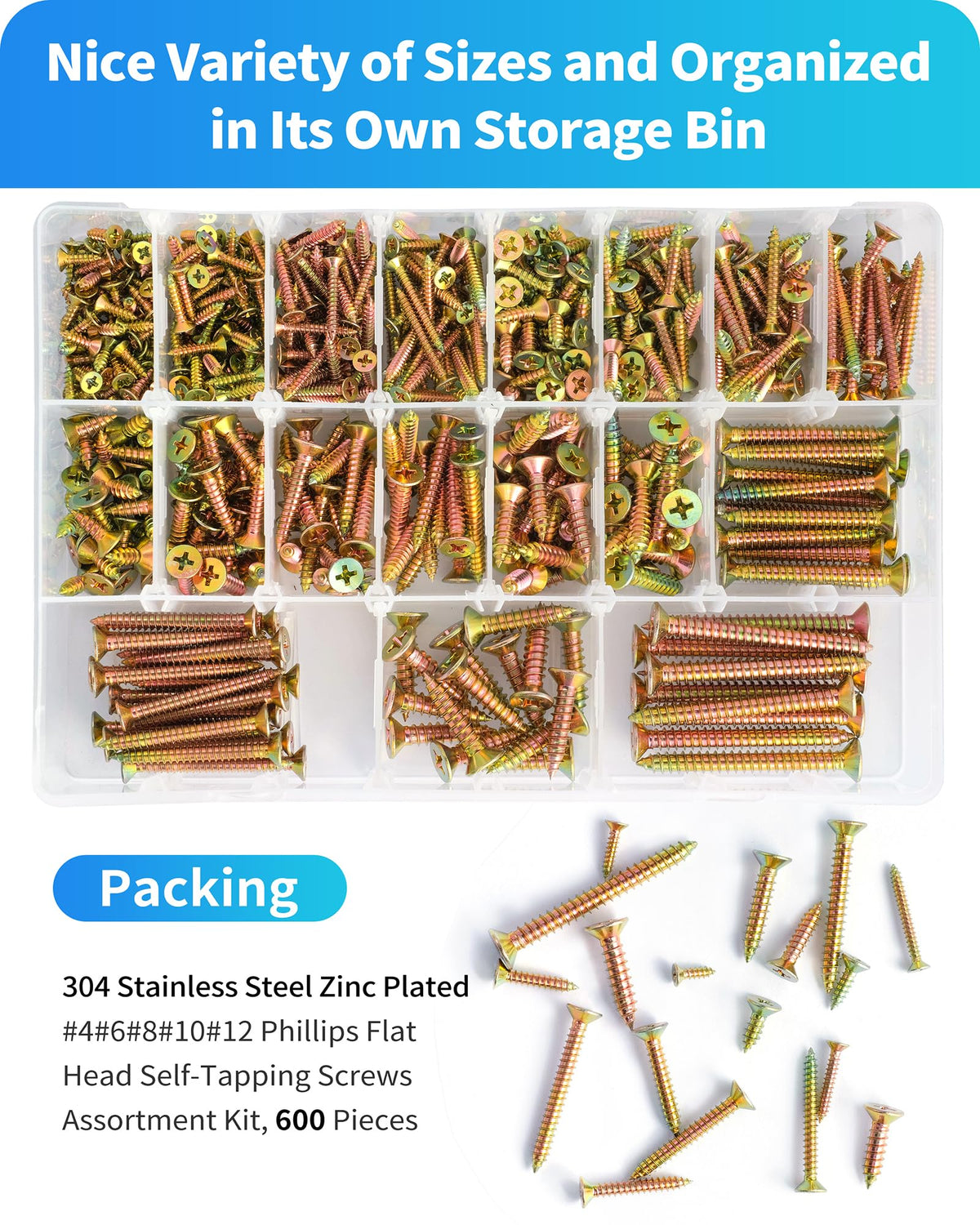 DIVANC 600Pcs Stainless Steel Zinc Plated Wood Screws Assortment Kit, #4#6#8#10#12 Phillips Flat Head Sheet Metal Screws Self Tapping Screws Set,Length 3/8" to 2" (Gold-Flat Head)