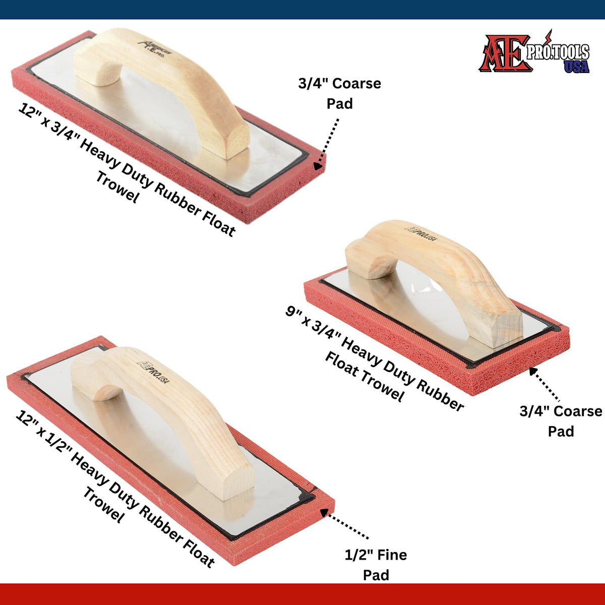 ATE Pro. USA - 4pc Masonry Float Set - Gum Rubber Margin Float with Comfort Grip Handle, Heavy Duty Rubber Sponge, Fine Pad, Coarse Pad, Masonry, Concrete, Drywall, Stucco or Grout