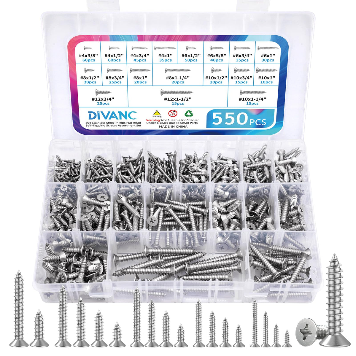 DIVANC 550Pcs 304 Stainless Steel Wood Screws Assortment Kit, Phillips Flat Head Sheet Metal Screw Self Tapping Screws Set, #4#6#8#10#12 Wood Assorted Screws, Length 1/4" to 1-1/2" (Flat Head 550PCS)