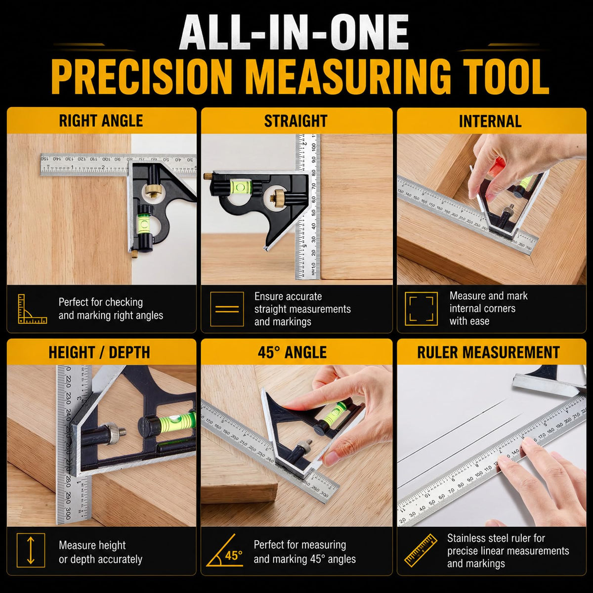 2 Pcs 6 In&12 in Combination Square Adjustable, In, cm