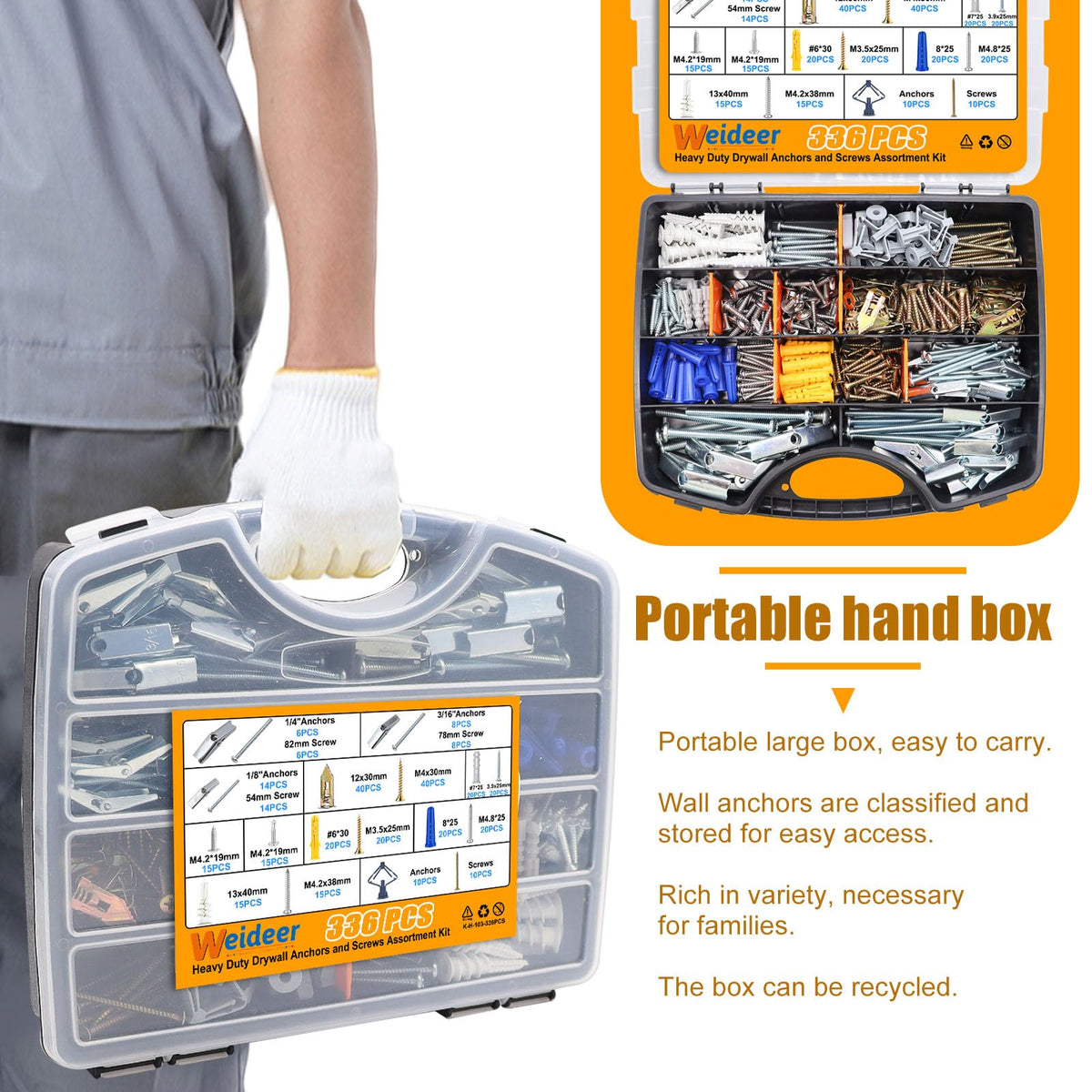 weideer 346PCS 11Sizes Drywall Anchors and Screws Assortment Kit,Toggle Bolts and Wing Nut Kit,Plastic Dry Wall Anchors with Wood Screws Handheld Box (1/4" 3/16" 1/8" #6#7#8 M8 M12 M13)