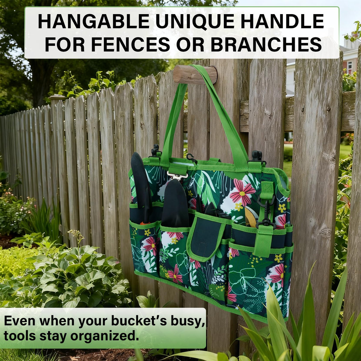 KUNN Bucket Tool Organizer 5 Gallon 18-Pocket Gardening Tool Bag with Hangable Handle, Garden Caddy & Bucket Accessory, Green