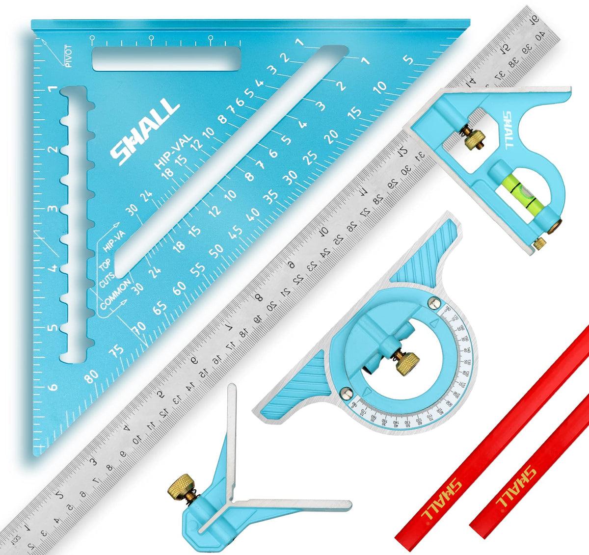 SHALL Rafter Square & Combination Square Tool Set, 7 Inch Aluminium-Alloy Carpenter Square & 16 Inch Zinc-Alloy Woodworking Framing Combo w/Stainless Steel Ruler, 2 Carpentry Pencils, Scriber