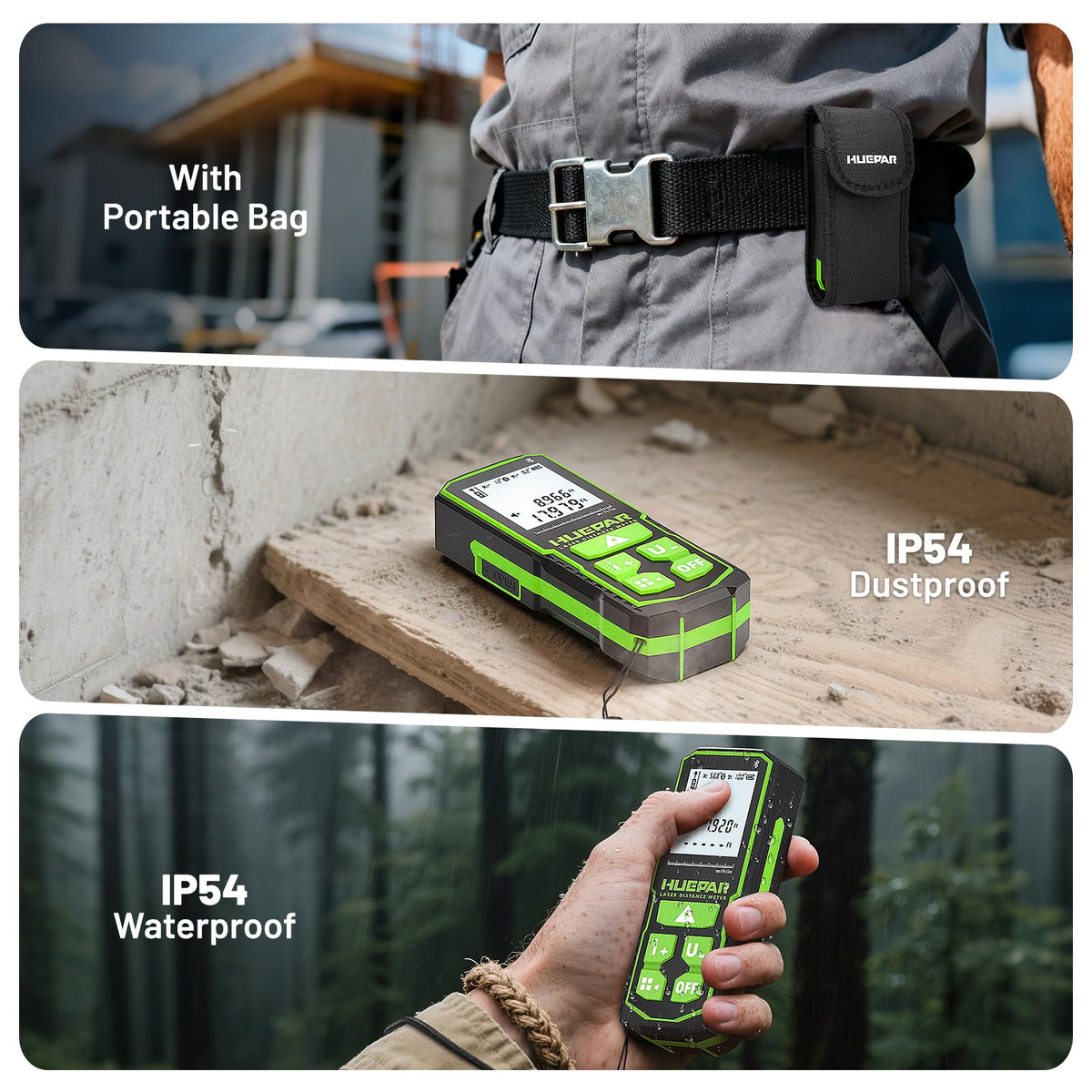 Laser Distance Measure 395 Feet with 60 Inch Tripod, Huepar Laser Distance Meter with Bluetooth & APP, Angle Sensor, 1/16in Accuracy Rechargeable Laser Measuring Tool, M/in/Ft Unit, Pythagorean Mode