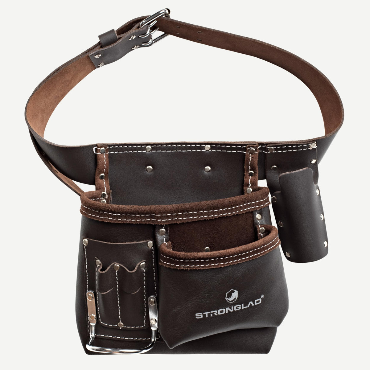 STRONGLAD Leather Tool Belt - 6-Pocket Oil-Tanned Utility Pouch, 29-46 in Adjustable Waist, Heavy-Duty Carpenter Drywaller Electrician Work Belt
