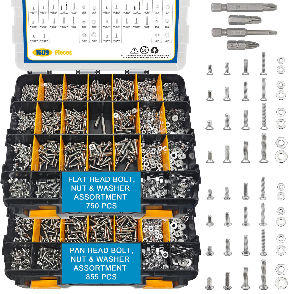 1609 PCS Machine Screws Assortment Kit, 304 Stainless Steel Nuts and Bolts,Phillips Pan Head and Flat Head Screws with Nuts, Bolts,Washers and 4pcs Screwdriver Bit, Double Sided Organizer