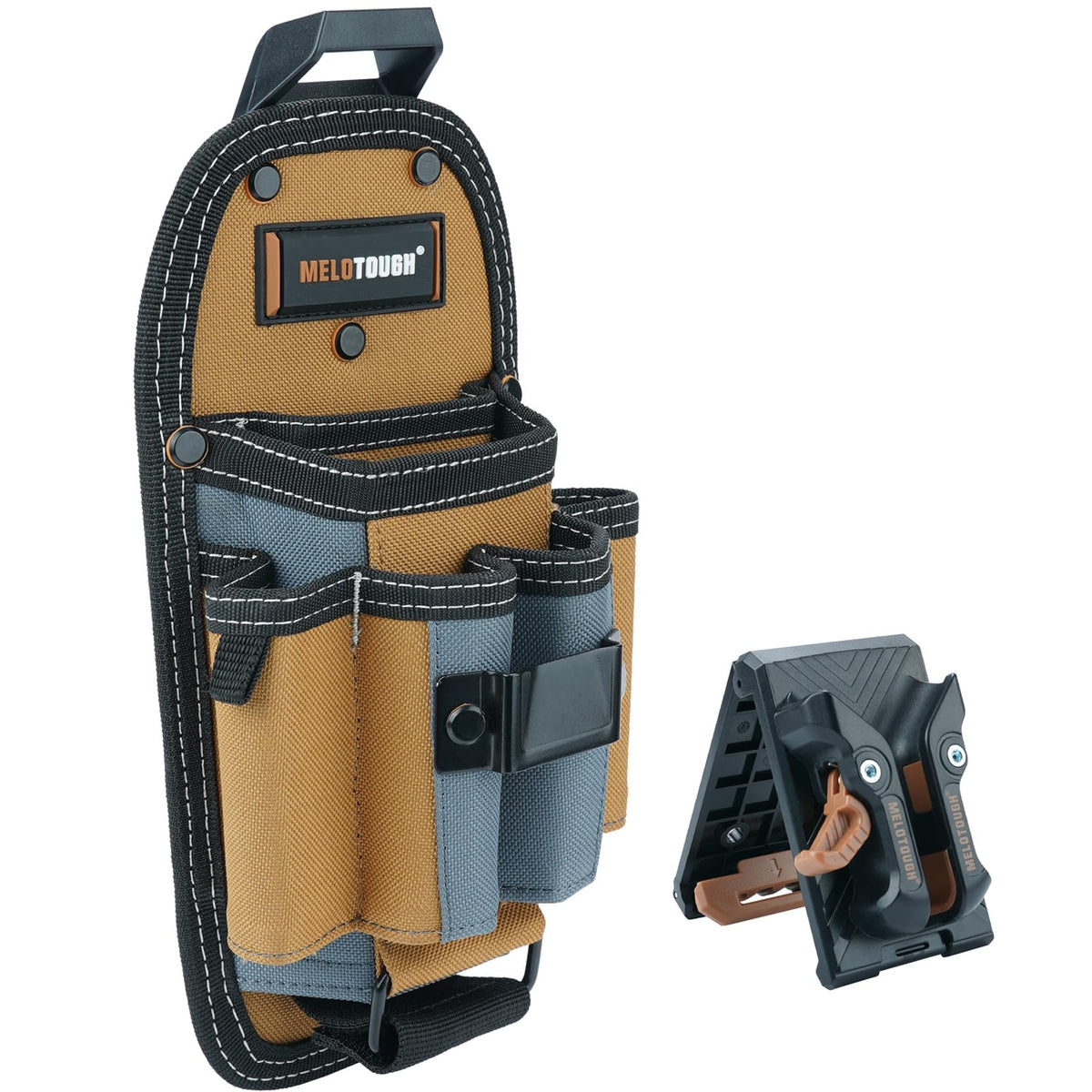 MELOTOUGH 7-Pocket Technician Pouch-Small Tool Belt Pouch with Belt Clip,Clip on Larger - Pockets & Loop,-Tool Holder Accessory(Khaki)