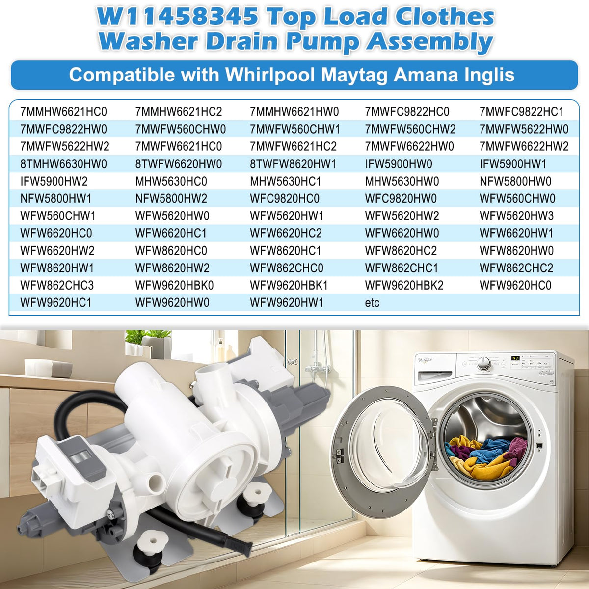 Upgraded W11458345 Washer Drain Pump W10918608 W11316609 W11319789