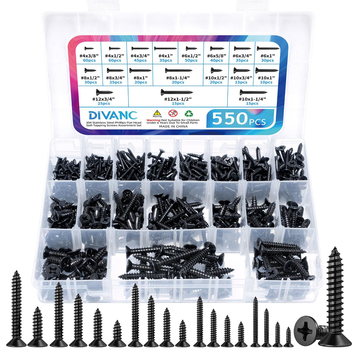 DIVANC 550Pcs 304 Stainless Steel Wood Screws Assortment Kit, Phillips Flat Head Sheet Metal Screw Self Tapping Screws Set, #4#6#8#10#12 Wood Assorted Screws, Length 1/4" to 1-1/2" (Flat Head 550PCS)