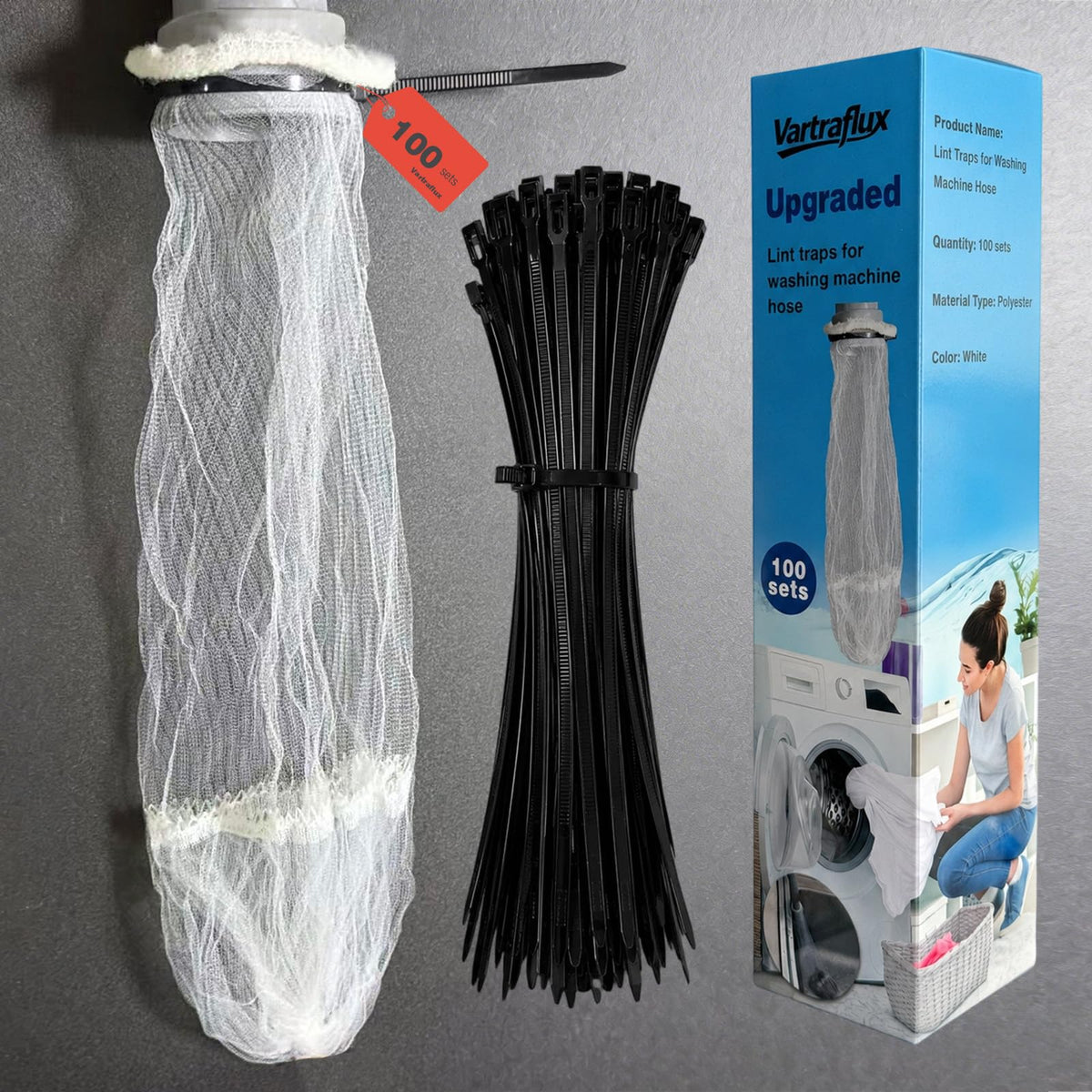 100 Pack Washing Machine Hose Lint Traps with Cabl