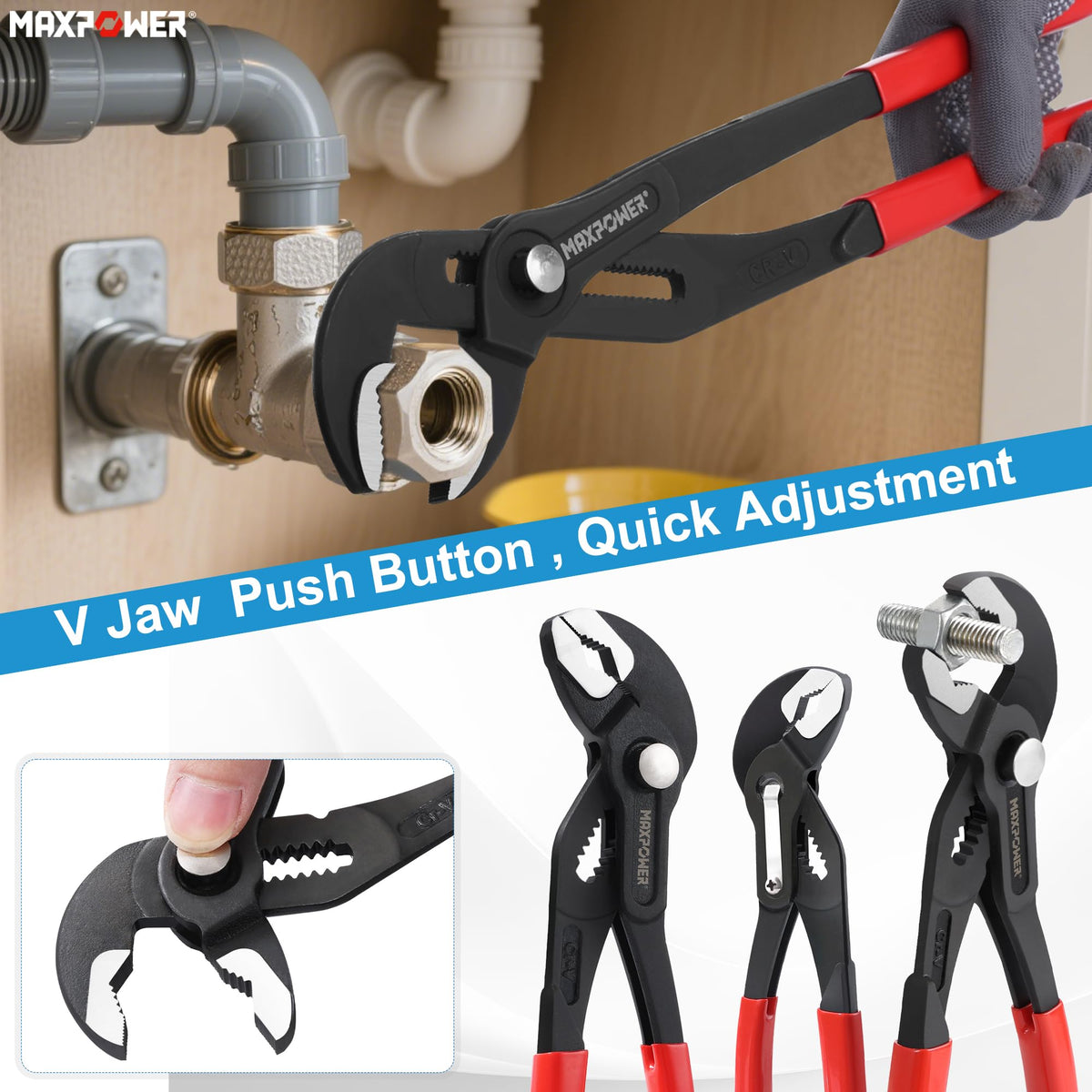 MAXPOWER 7" 10" 16" Water Pump Pliers Set, Push Button V Jaw, Quick Release